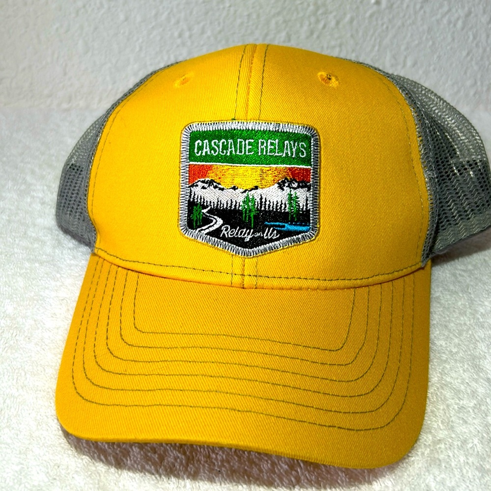Yellow Cascade Relays Trucker Hat By Brewery Branding Co. With Embroidered Patch